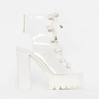 2019 Neue Peep-Toe-Stiefel Damen PVC Plateau-Party-Hochzeits-Knöchelstiefel Damenschuhe High Heels Damen Motorcycle Bottine Modetrend Schuhe