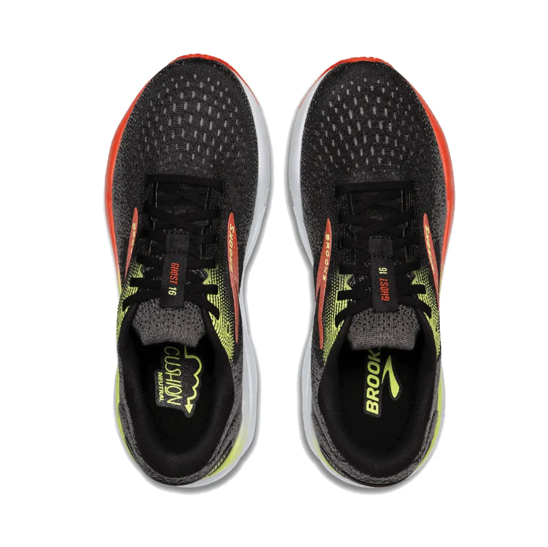 Brooks Herren Ghost 16 Laufschuhe in Schwarz/Mandarinenrot/Grün AW24