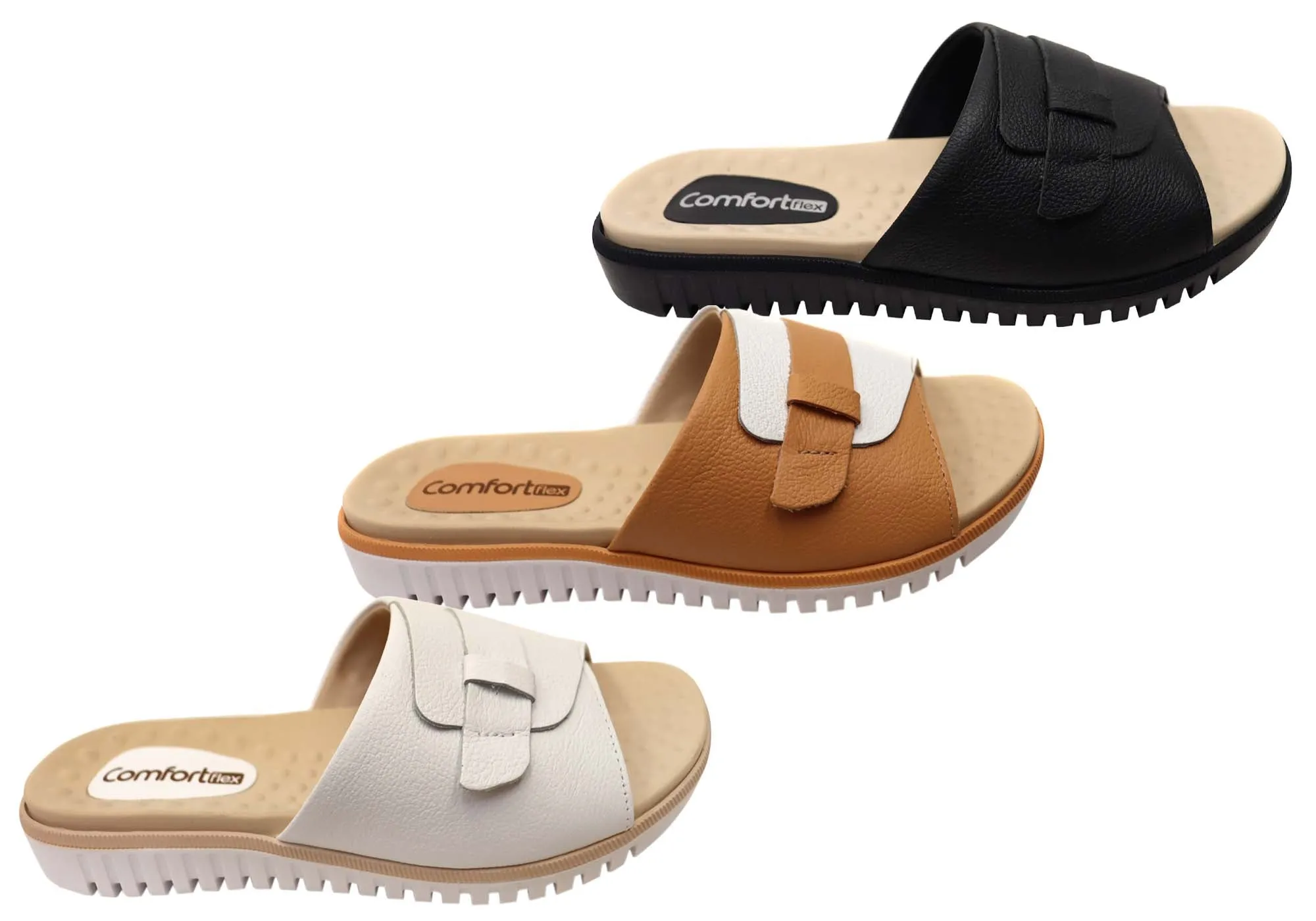 Comfortflex Samantha Damen Leder Slides Sandalen Hergestellt in Brasilien Comfortflex Schuhe