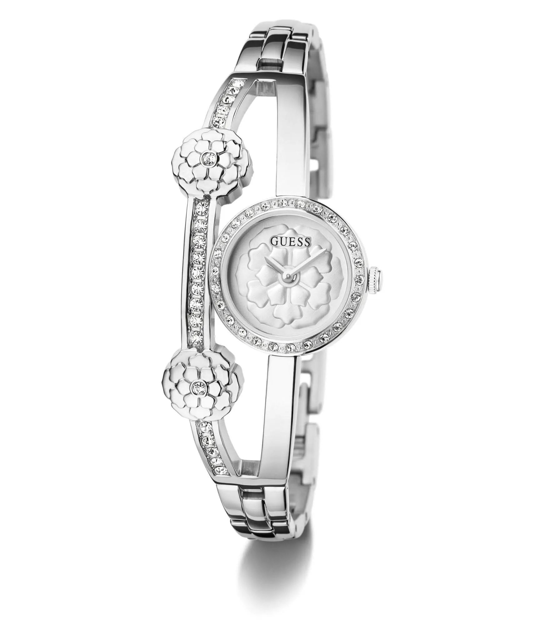 Guess Damen Chloe Uhr mit silberfarbenem Gehäuse aus recyceltem Stahl GW0756L1