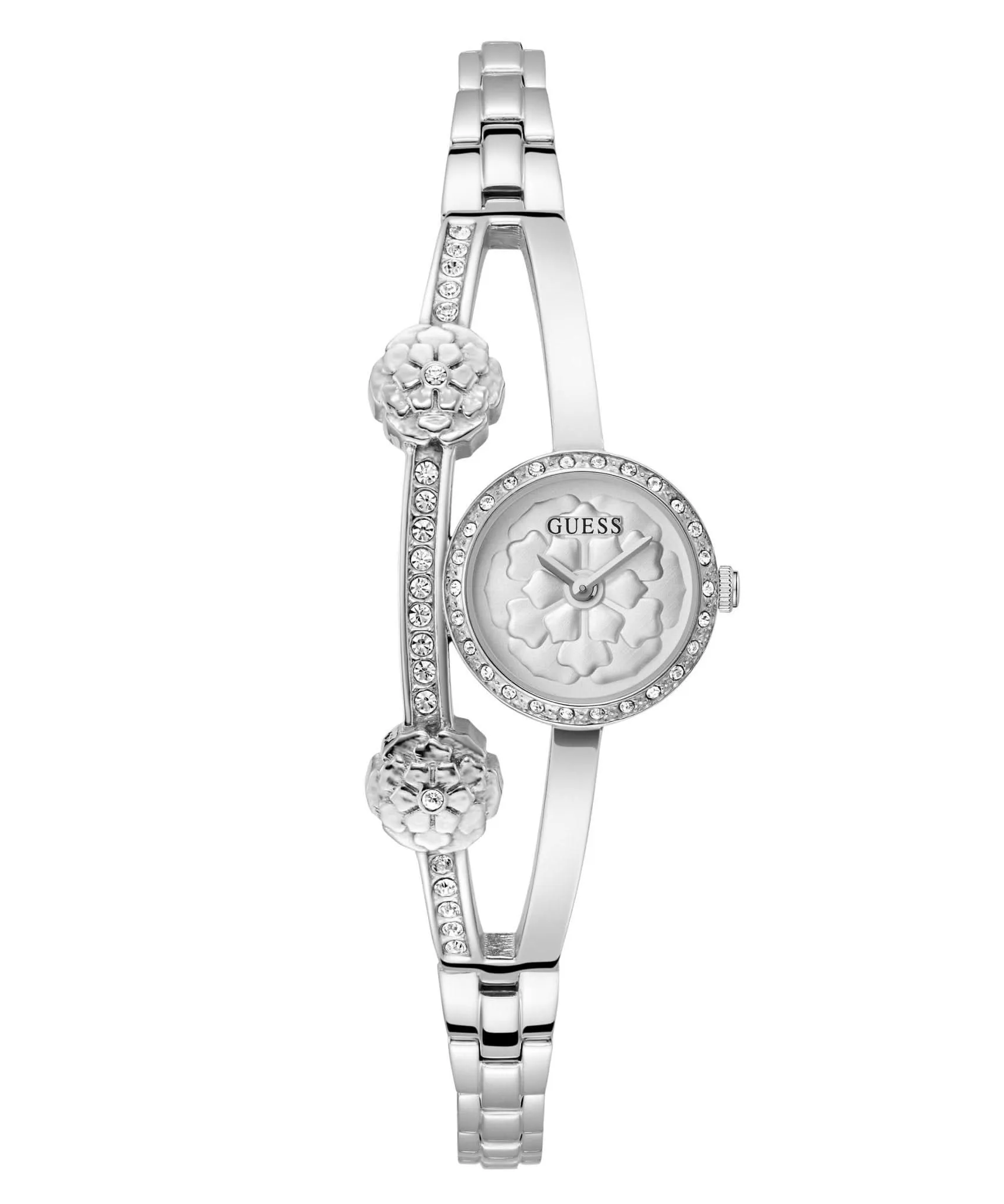Guess Damen Chloe Uhr mit silberfarbenem Gehäuse aus recyceltem Stahl GW0756L1
