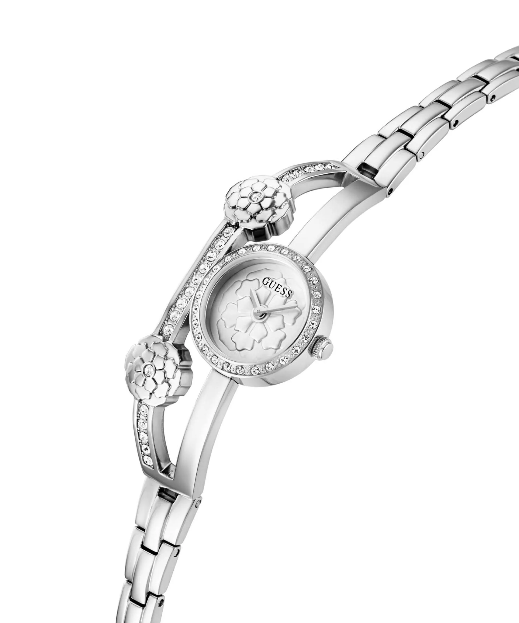 Guess Damen Chloe Uhr mit silberfarbenem Gehäuse aus recyceltem Stahl GW0756L1