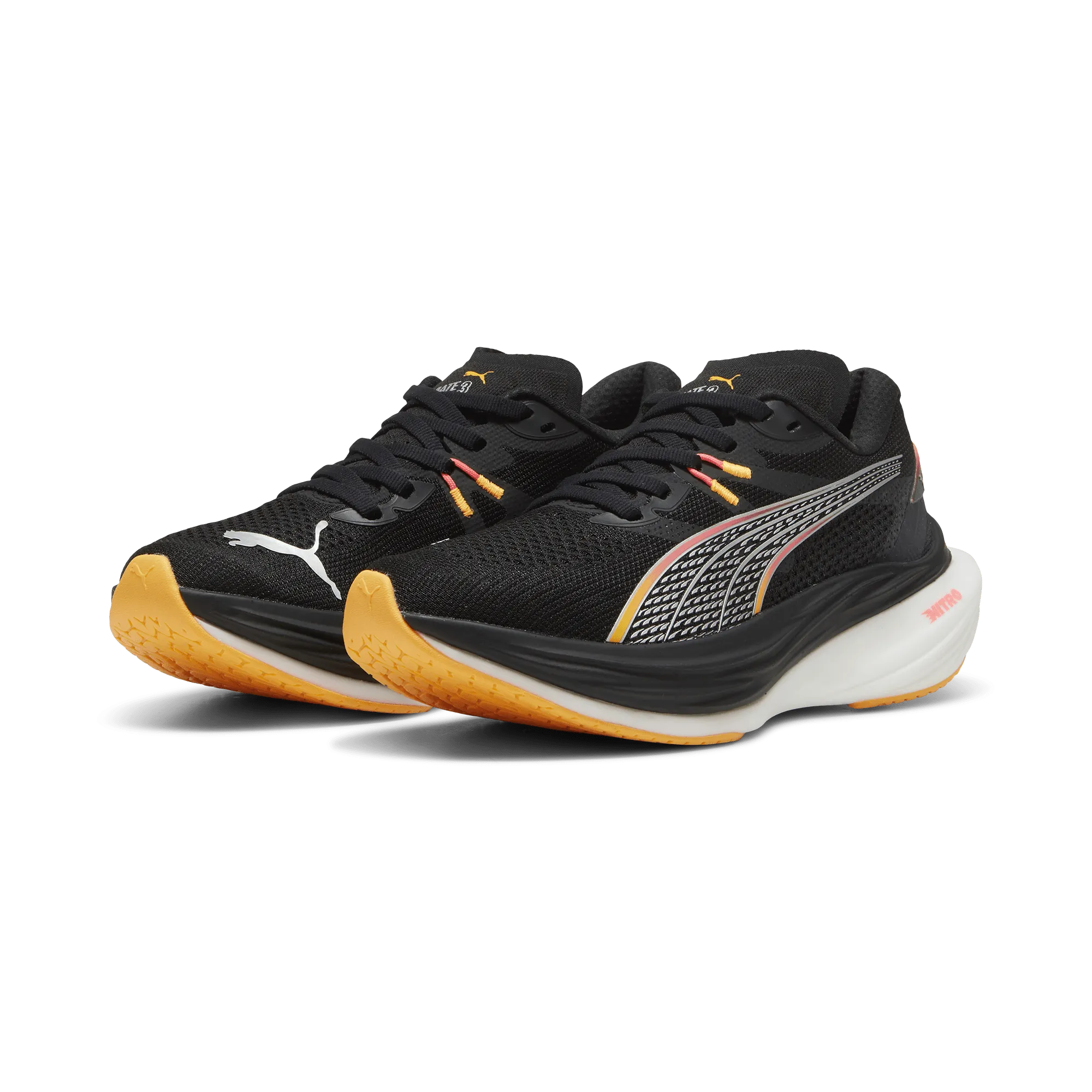 Puma Damen Deviate Nitro 3 Laufschuhe in Schwarz/Sunset Glow/Sun Stream AW24