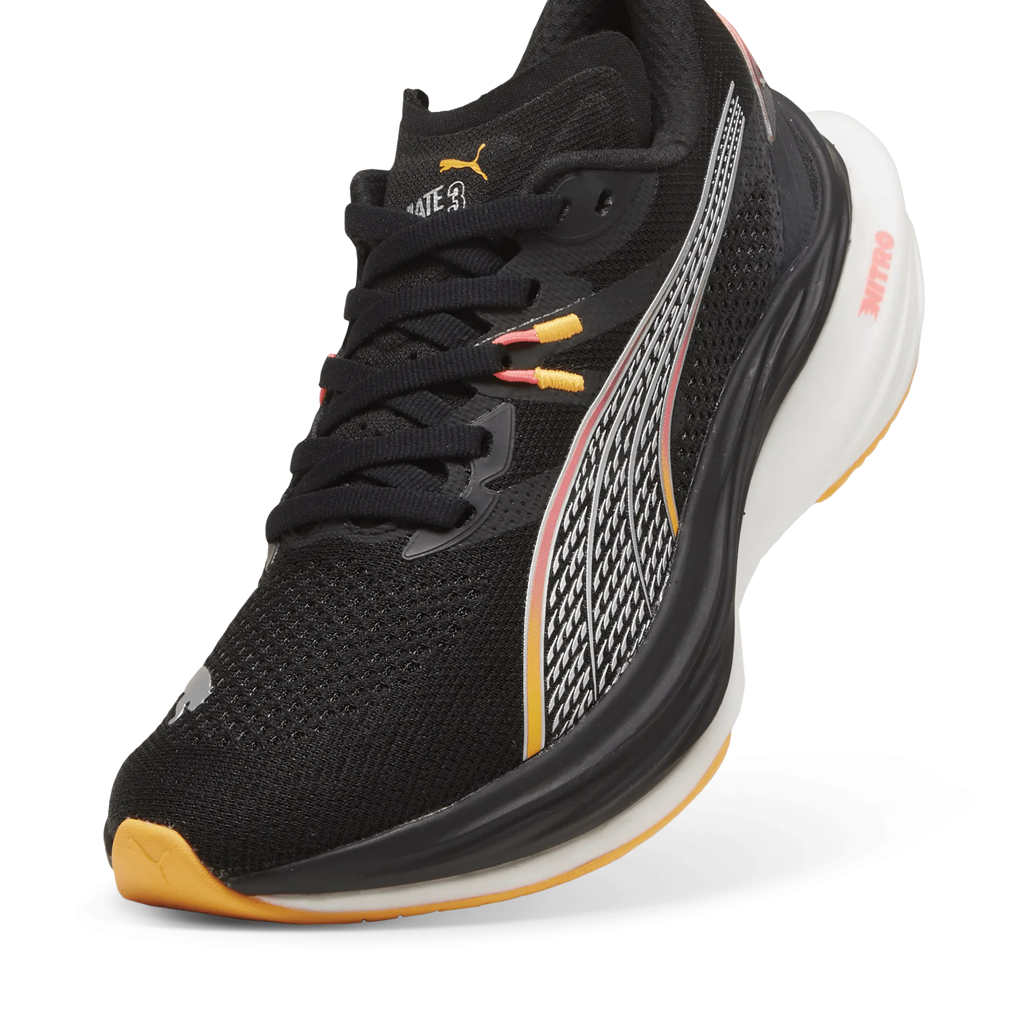 Puma Damen Deviate Nitro 3 Laufschuhe in Schwarz/Sunset Glow/Sun Stream AW24