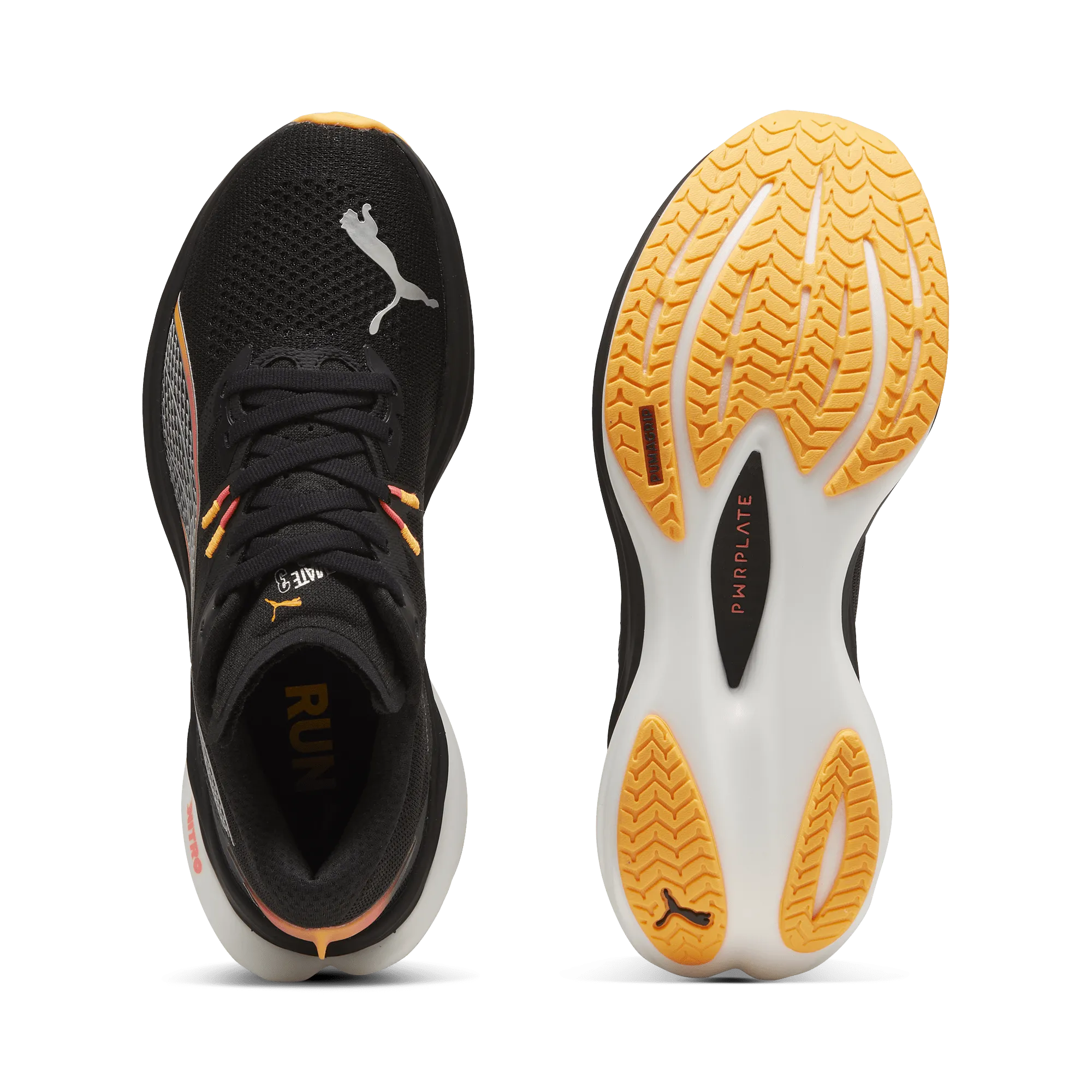 Puma Damen Deviate Nitro 3 Laufschuhe in Schwarz/Sunset Glow/Sun Stream AW24