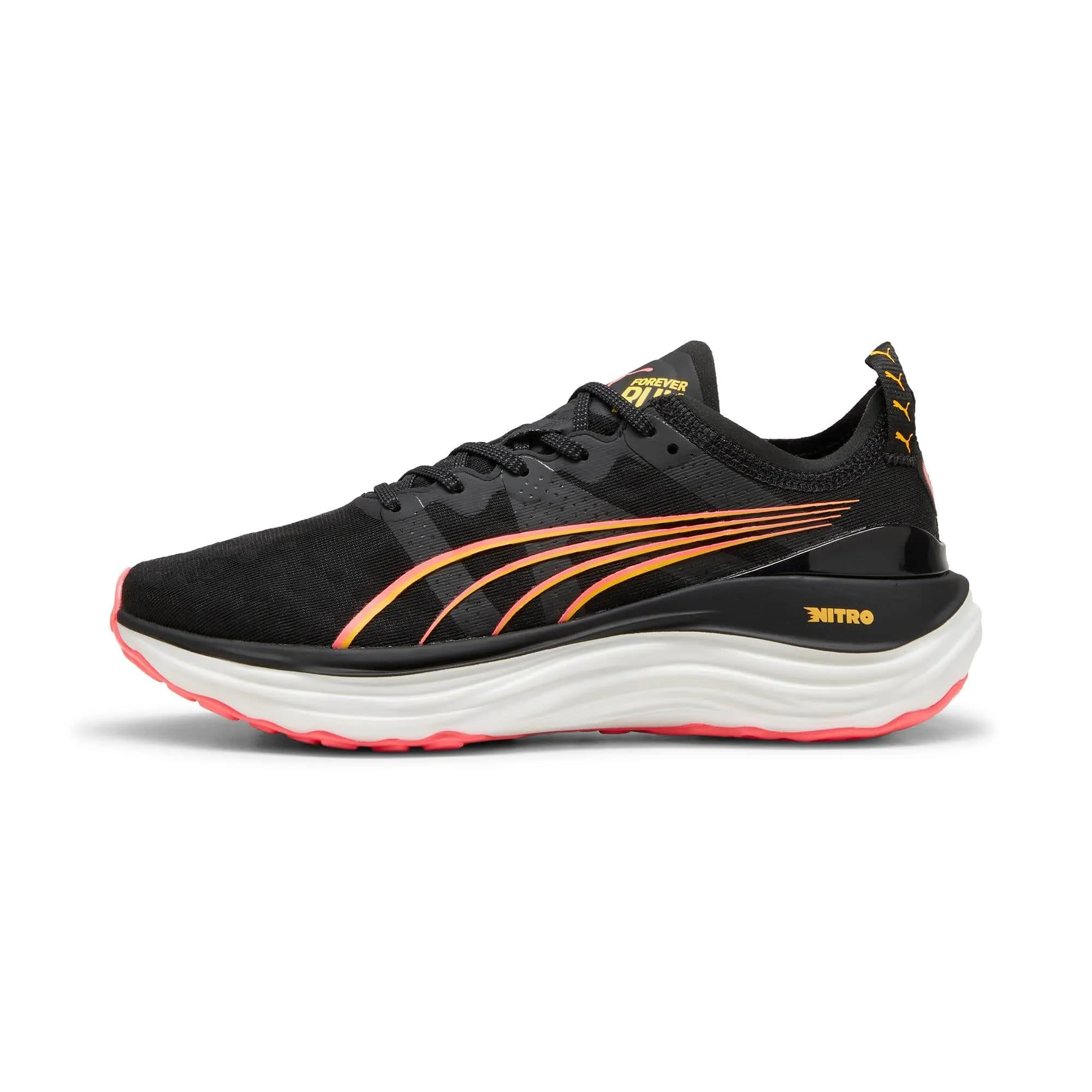 Puma Damen ForeverRun NITRO in Schwarz-Sonnenstrom-Sonnenuntergangsglühen AW24