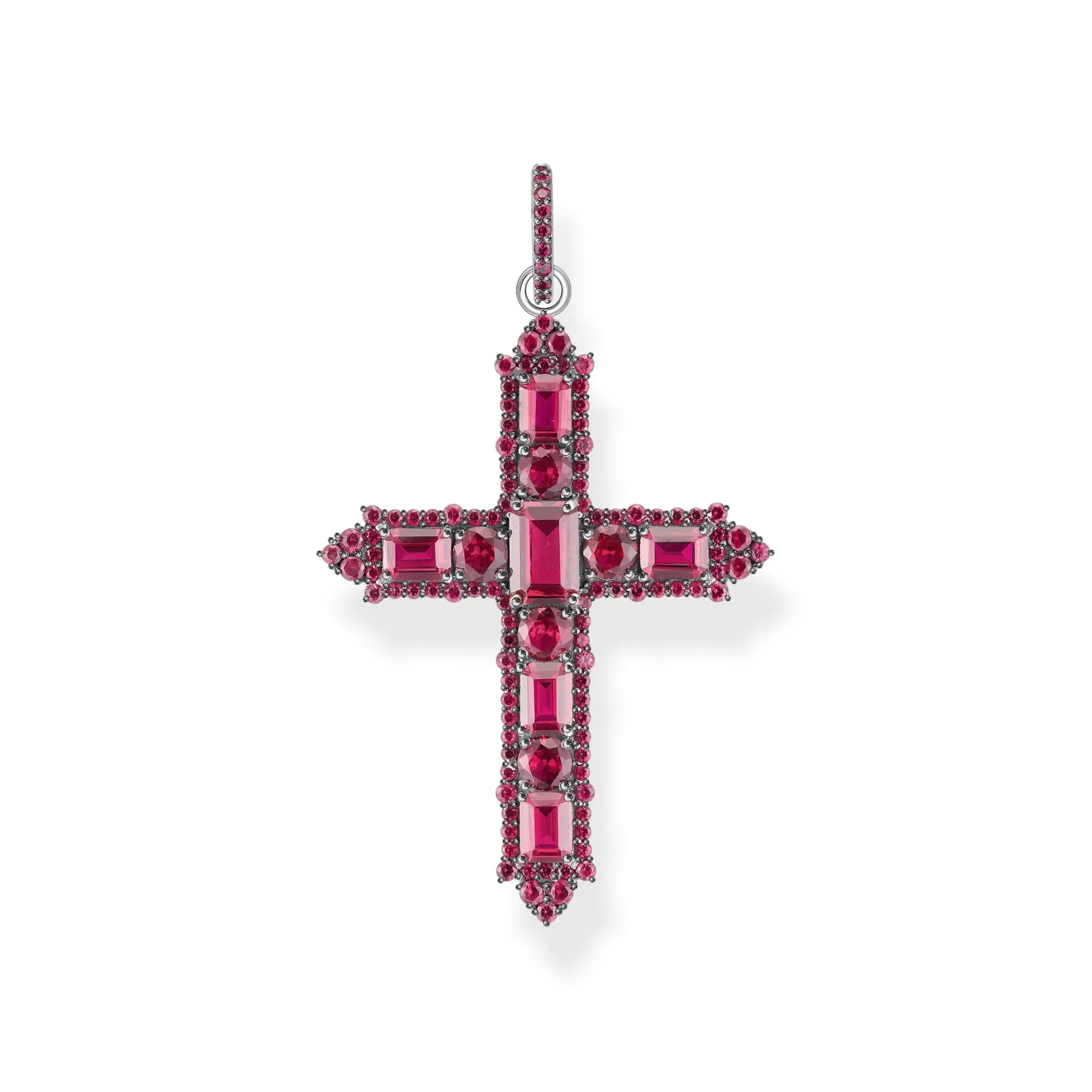 Thomas Sabo Damen Anhänger Schmuck Schwarz oxidiertes Kreuzanhänger mit rubinroten Steinen