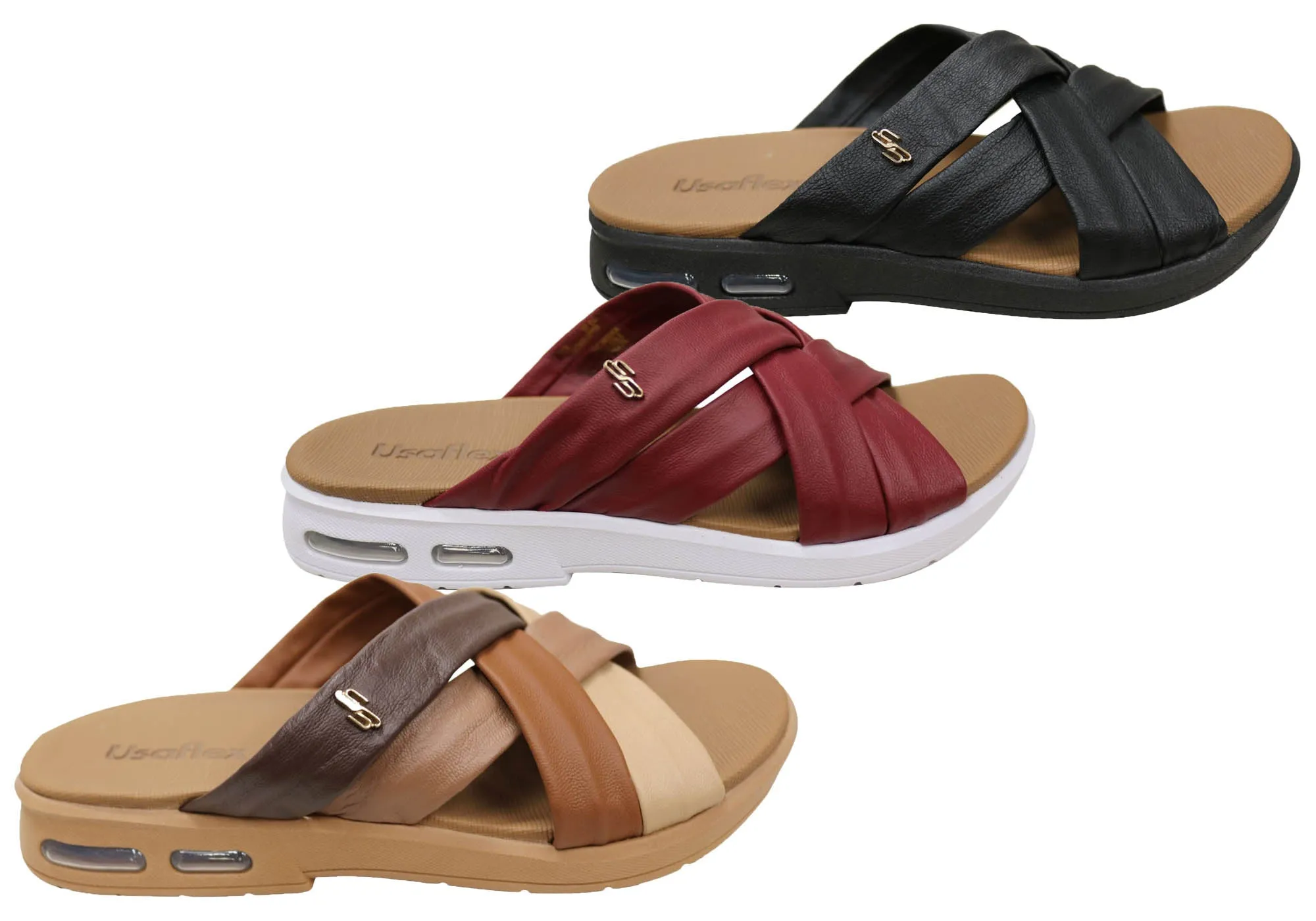 Usaflex Asta Damen Comfort Leder Slides Sandalen Hergestellt in Brasilien Usaflex Schuhe